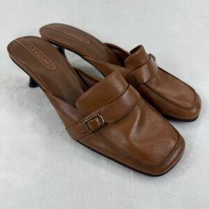 Enzo Angiolini Brown Leather Mules Heels Buckle Detail Square Toe‎ Size 8.5M